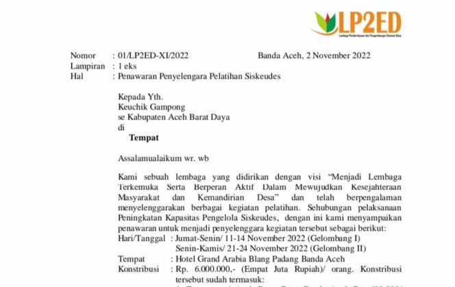 
 Surat penawaran yang ditandatangani oleh Direktur LP2ED, Heppy, tertanggal 2 November 2022. Foto Tangkap Layar dok Gumpalannews.com
