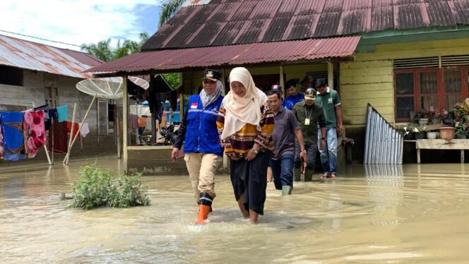 
 Penjabat (Pj) Bupati Nagan Raya, Fitriany Farhas, AP, S.Sos, M.Si saat meninjau lokasi banjir yang terjadi di sejumlah desa dalam Kecamatan Tripa Makmur, kabupaten setempat, Minggu (6/11/2022). Foto/Rahmat Gumpalannews.com