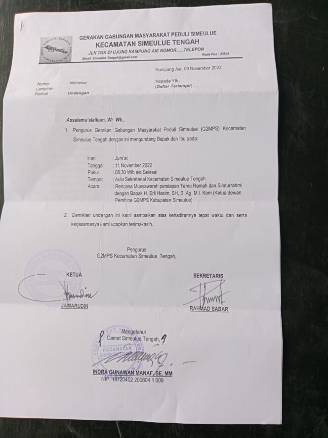 
 Surat G2MPS yang ditandatangani oleh Camat Simeulue Tengah, tertanggal 09 November 2022 yang menuai sorotan. Foto/dok Gumpalannews.com